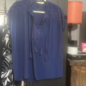 Johnny Was Calme blue double tassel embroidered cap sleeve blouse